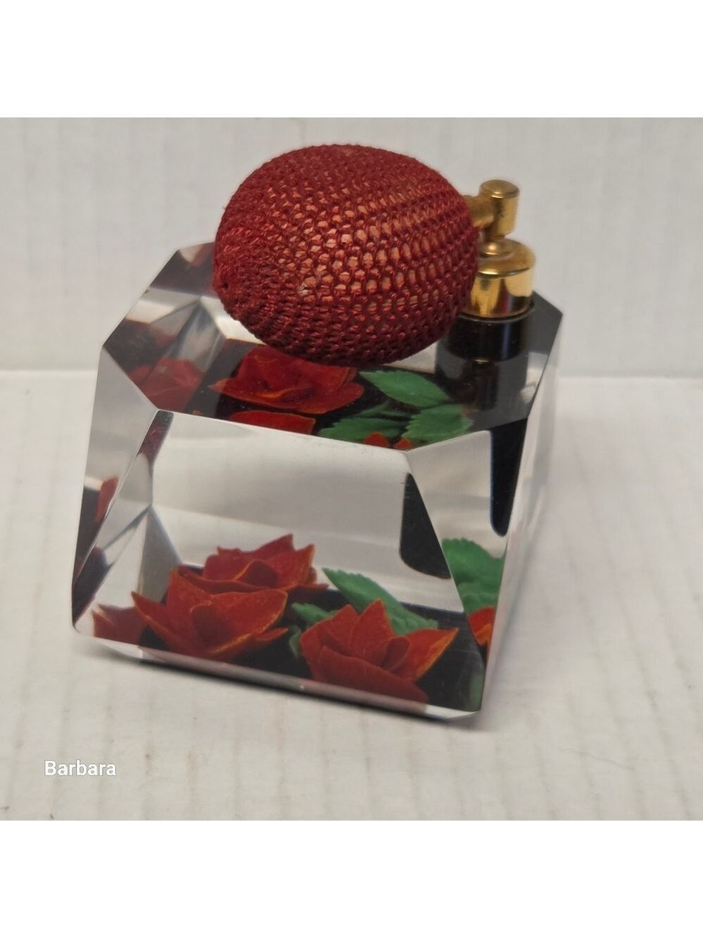 Vintage Bircraft Lucite Perfume Atomizer with Hand-carved Red Rose Base
